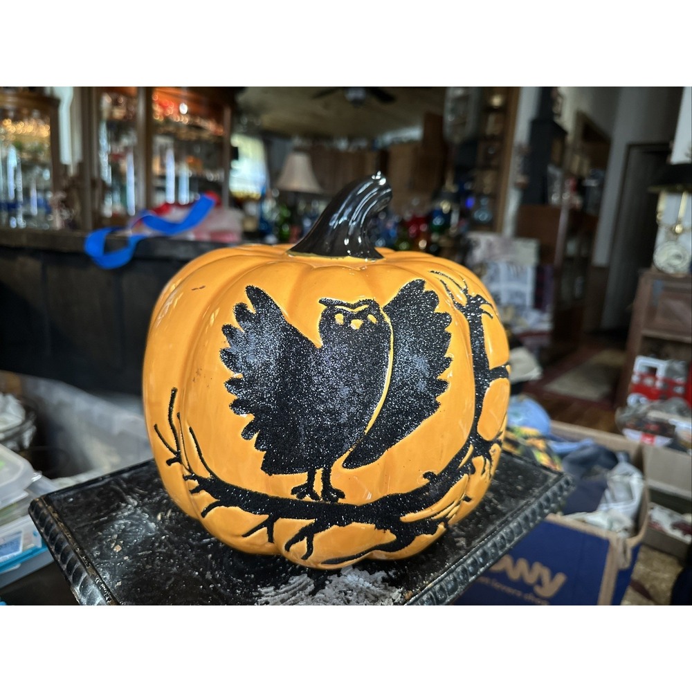 Black and Orange Decorative Happy Halloween Owl Tree Bat Scene ceramic Pumpkin